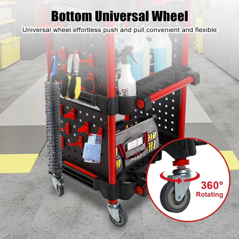 3-Tier Auto Detailing Tool Cart with Tool Hanging Board & Hook