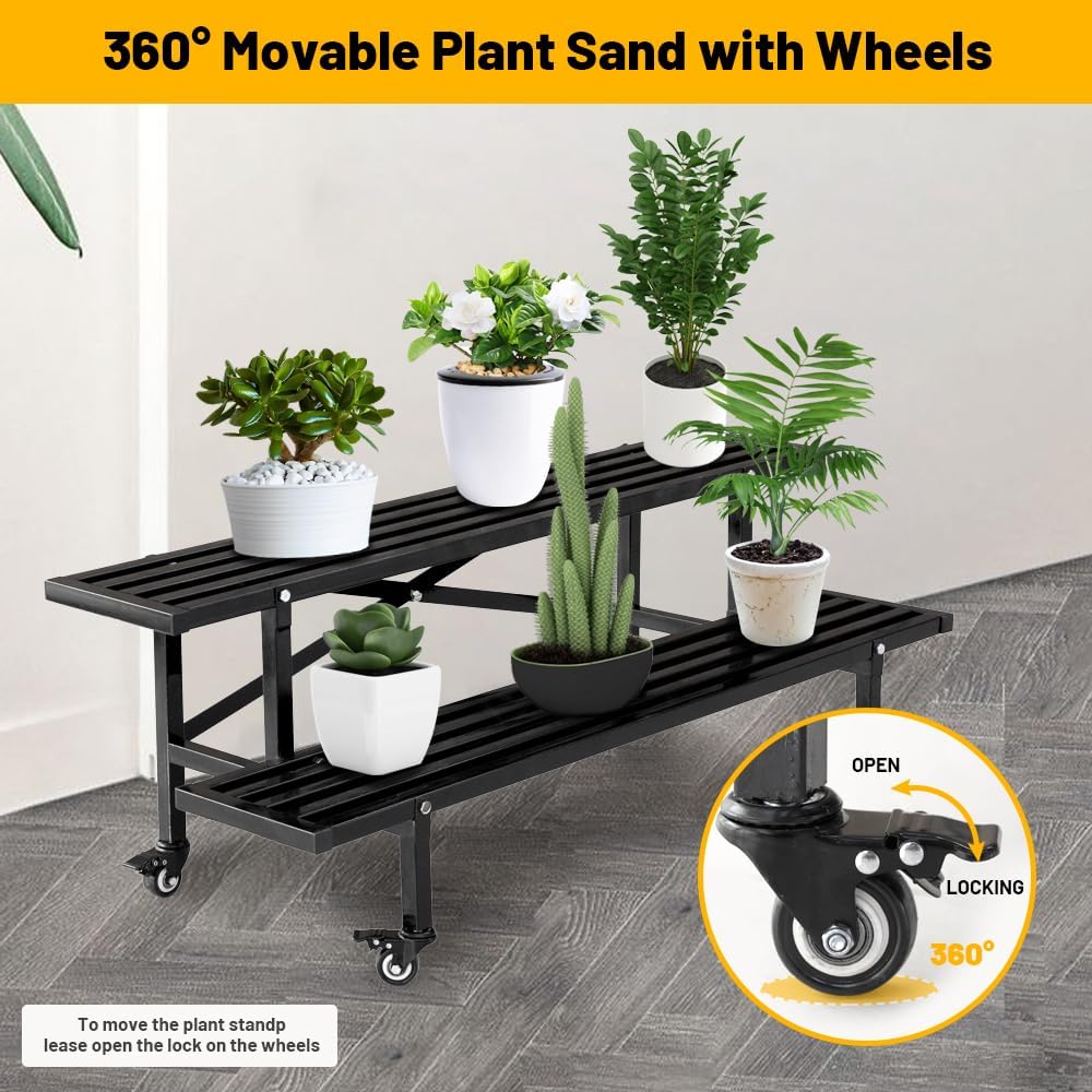 2 Tier Metal Plant Stand with Wheels 45.7 x 17.5 x 16.1 inch